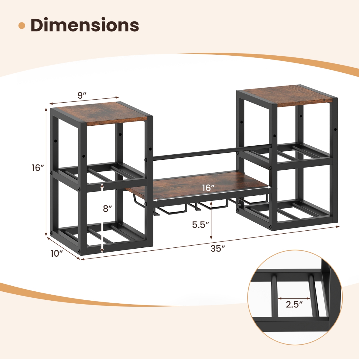 Picture of Costway JV12773CF Heavy-Duty Wall Mounted Wine Rack with Glass Holder Metal Frame 8-Bottle - Rustic Brown
