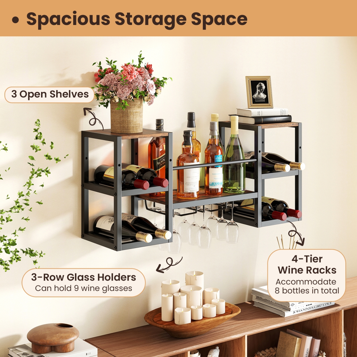 Picture of Costway JV12773CF Heavy-Duty Wall Mounted Wine Rack with Glass Holder Metal Frame 8-Bottle - Rustic Brown