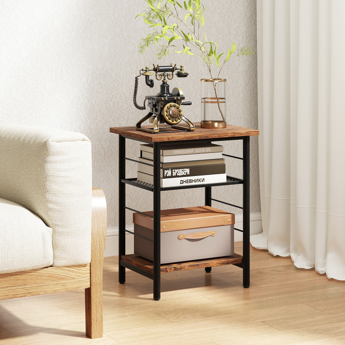 JV12003CF-2 3-Tier End Table Side Table with Storage Shelves Metal Frame - Rustic Brown - Set of 2