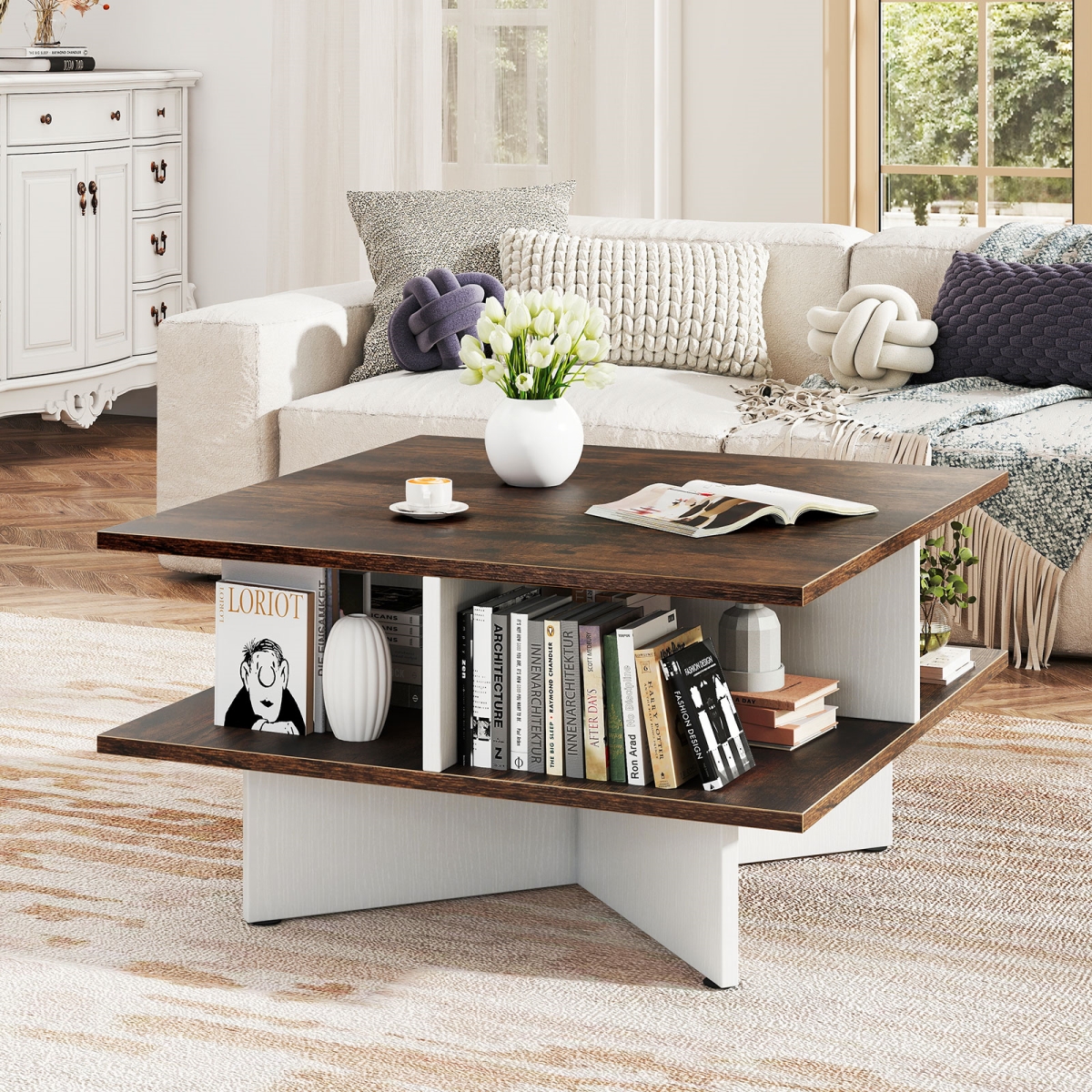 JV12625CF 2-Tier Square Coffee Table with 4 Storage Compartments - Rustic Brown