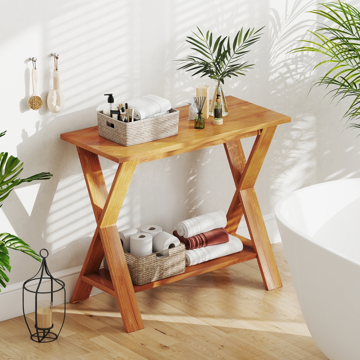 JV12381 35 in. Solid Teak Wood Console Table with Storage Shelf