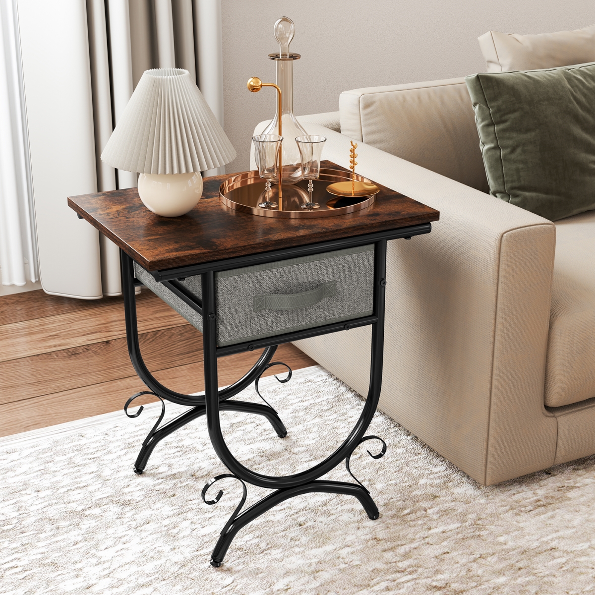 JV12414 Side Table with Fabric Drawer & Carved Metal Frame for Living Room