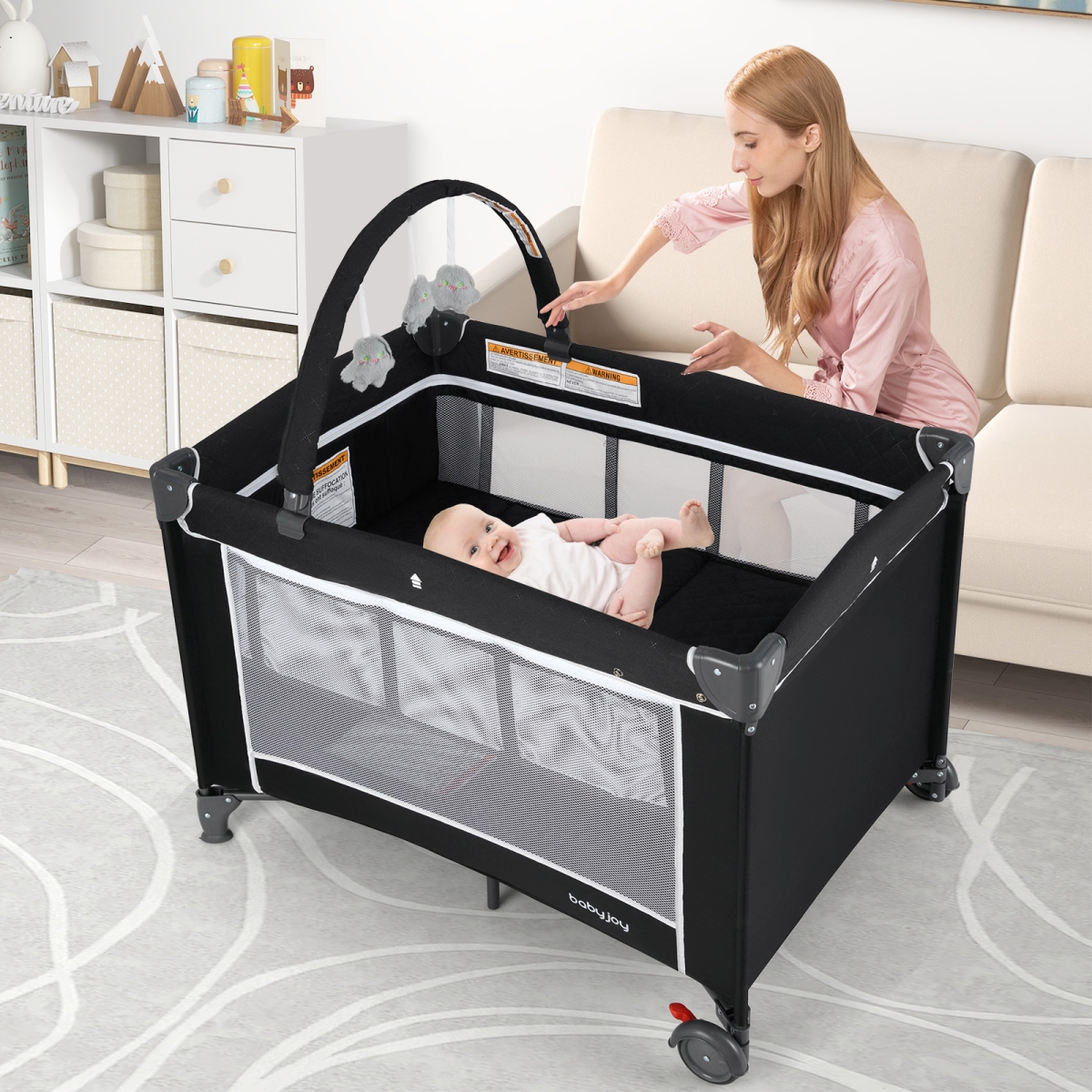 BC10291BK 3-in-1 Portable Baby Crib & Playpen with Changing Table - Black