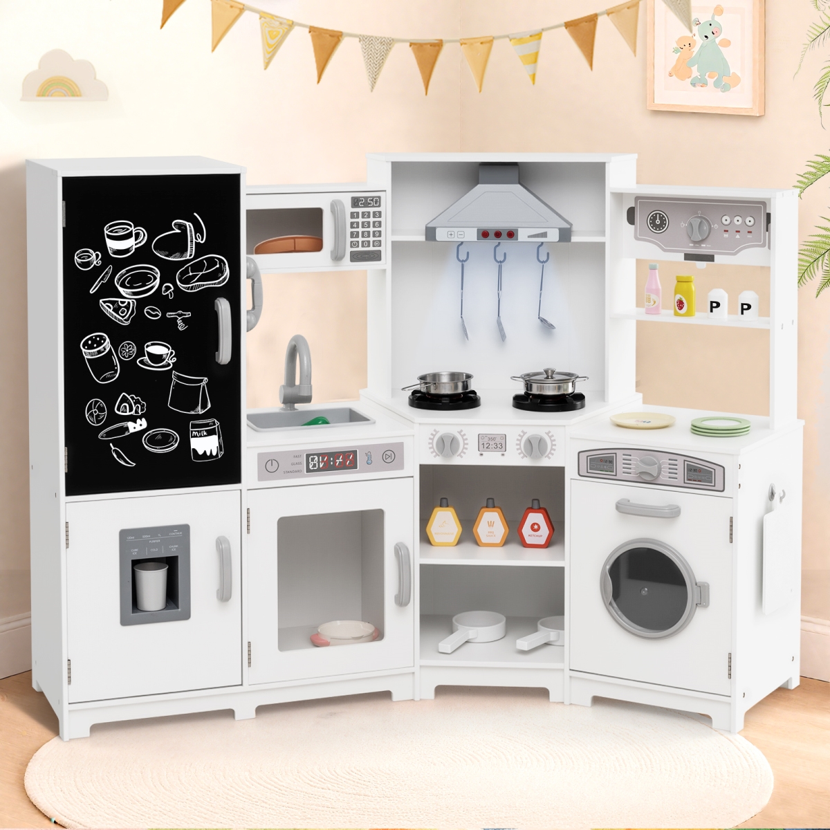 TP10393WH Corner Wooden Play Kitchen with Lights & Sounds Large Pretend - White