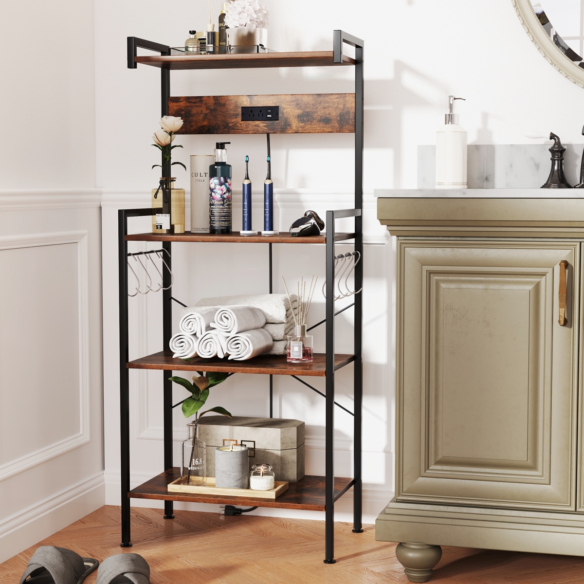 Picture of Costway JV12324US-CF 4-Tier Kitchen Bakers Rack with Power Outlet & 8 Hooks - Rustic Brown