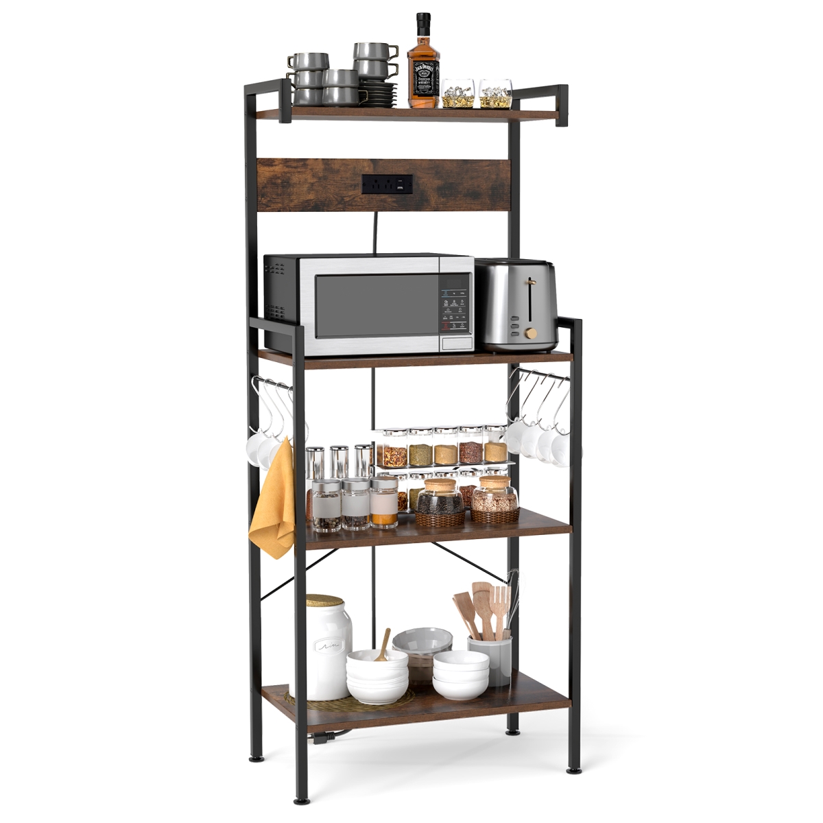 Picture of Costway JV12324US-CF 4-Tier Kitchen Bakers Rack with Power Outlet & 8 Hooks - Rustic Brown