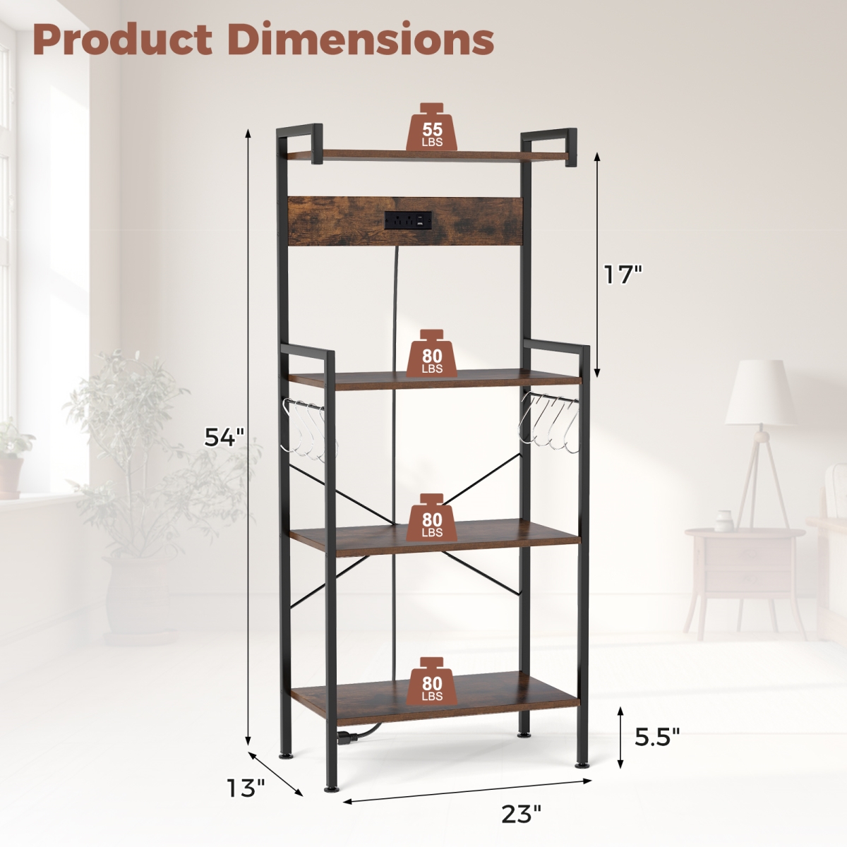 Picture of Costway JV12324US-CF 4-Tier Kitchen Bakers Rack with Power Outlet & 8 Hooks - Rustic Brown