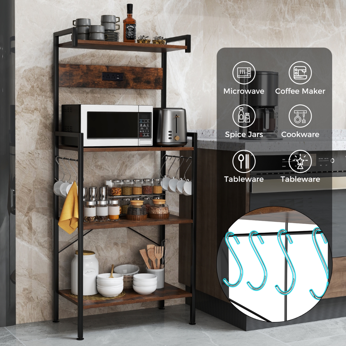 Picture of Costway JV12324US-CF 4-Tier Kitchen Bakers Rack with Power Outlet & 8 Hooks - Rustic Brown