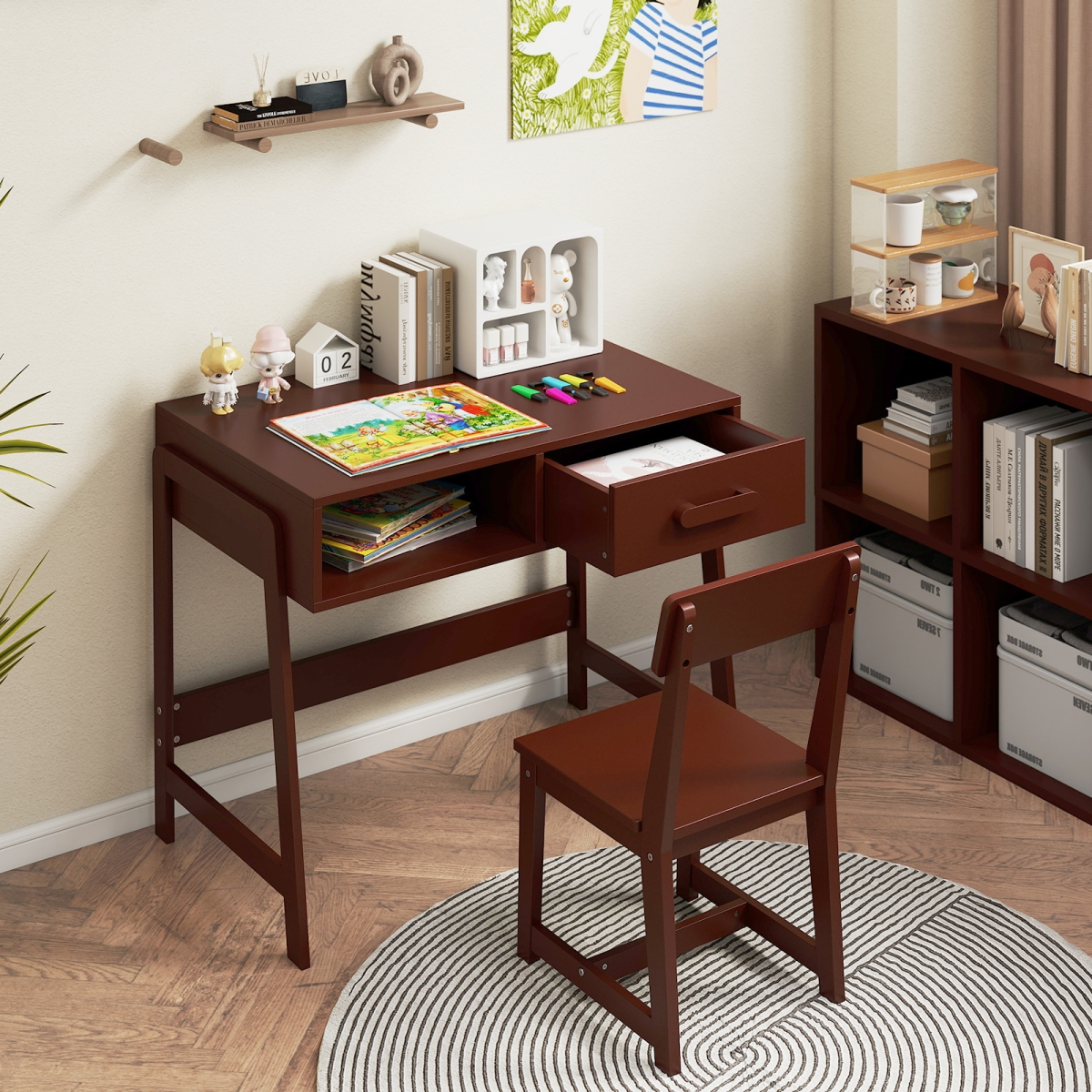 HY10356BN Kids Desk & Chair Set with Storage Drawer & Hutch - Brown