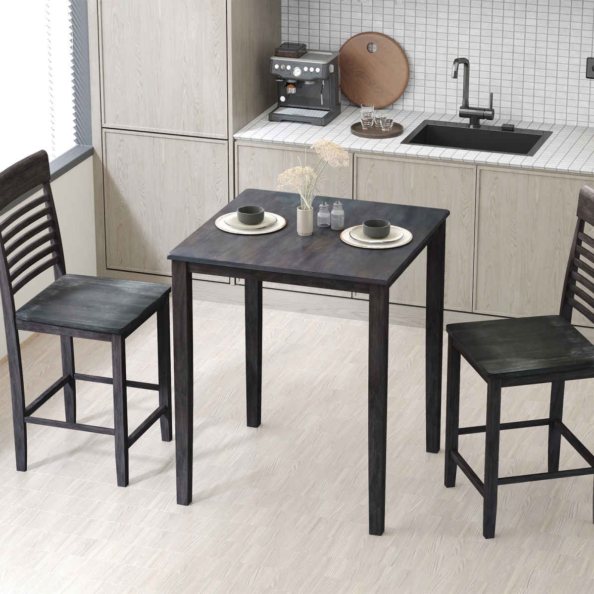 KC58108GR-12 Square Dining Table with Solid Wood Frame for 4-Person - Gray
