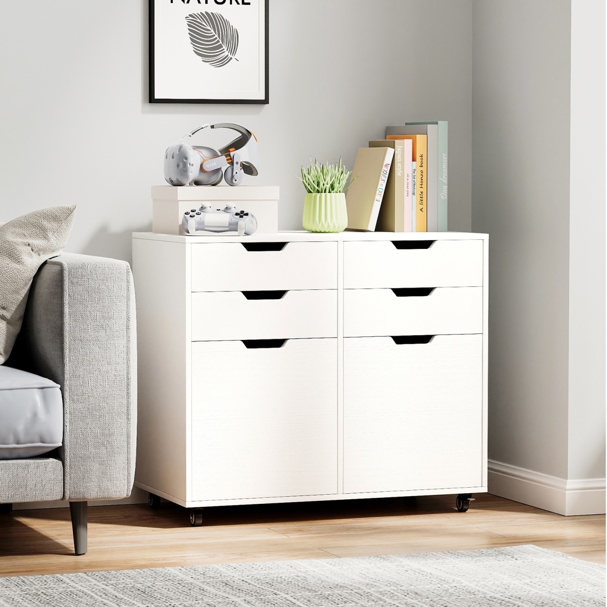JV12045WH 4 Drawer File Cabinet with Wheels for Home Office Organization - White