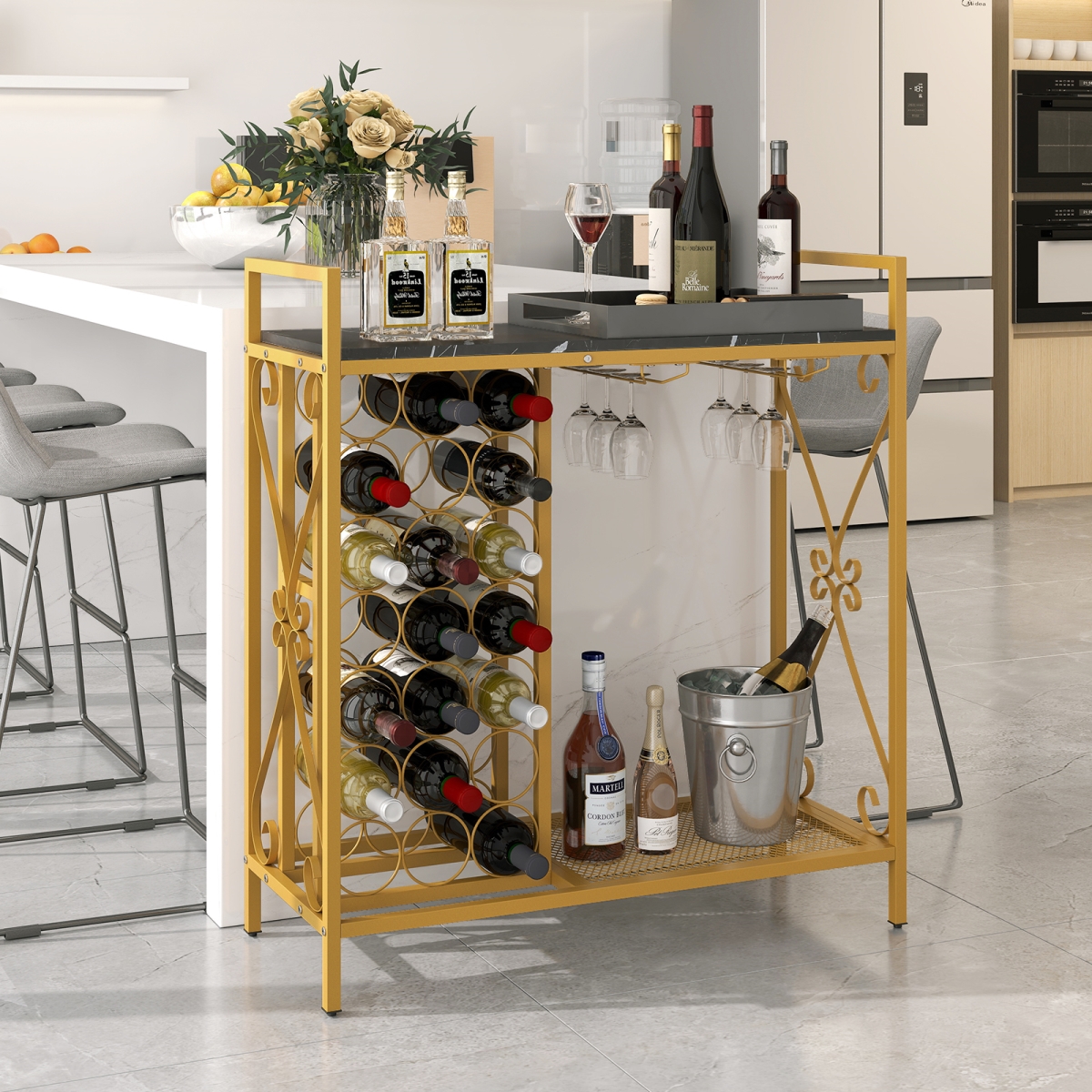 Picture of Costway JV12128DK 21 Freestanding Floor Wine Bottle Wine Rack Organizer with Glass Holder - Golden
