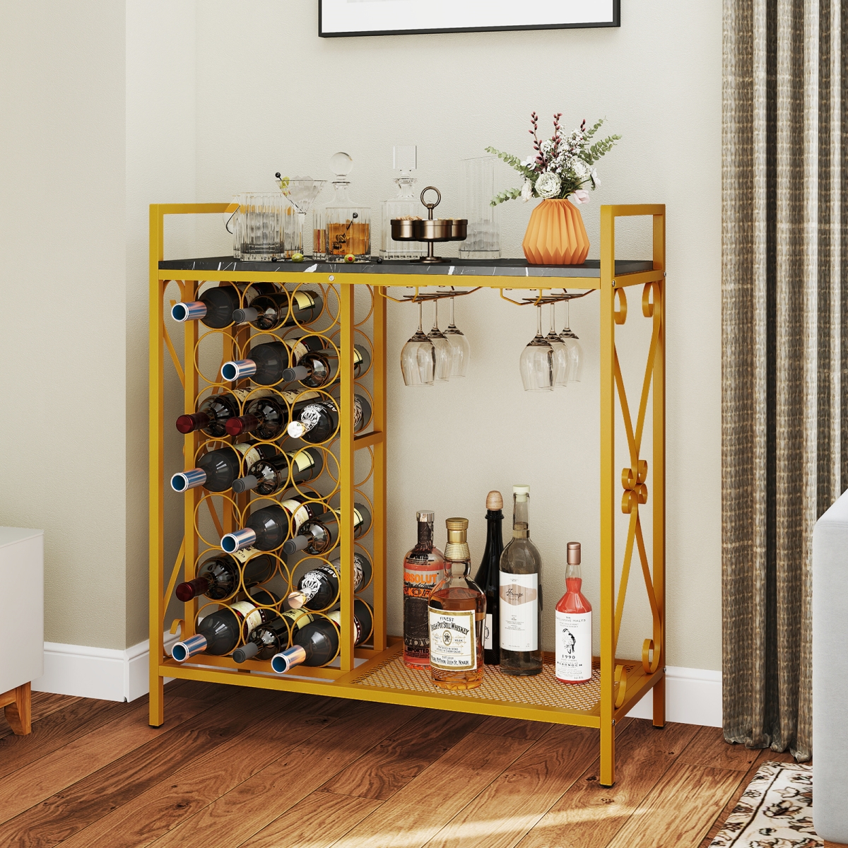 Picture of Costway JV12128DK 21 Freestanding Floor Wine Bottle Wine Rack Organizer with Glass Holder - Golden