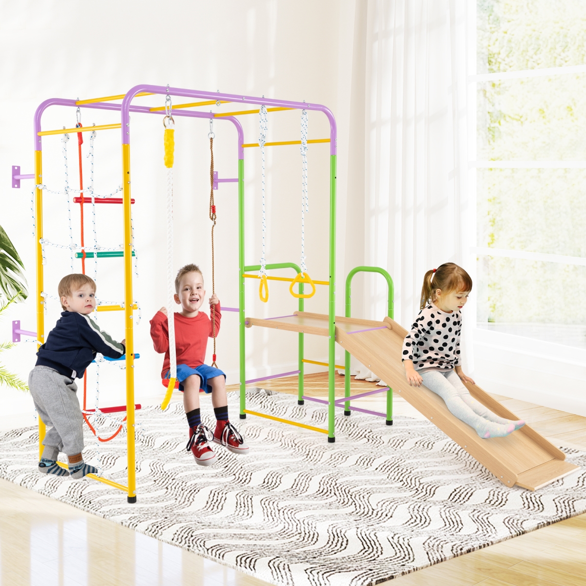 SP38286CS- Metal Indoor Jungle Gym 8-in-1 Climbing Playset with Monkey Bars - Multicolor