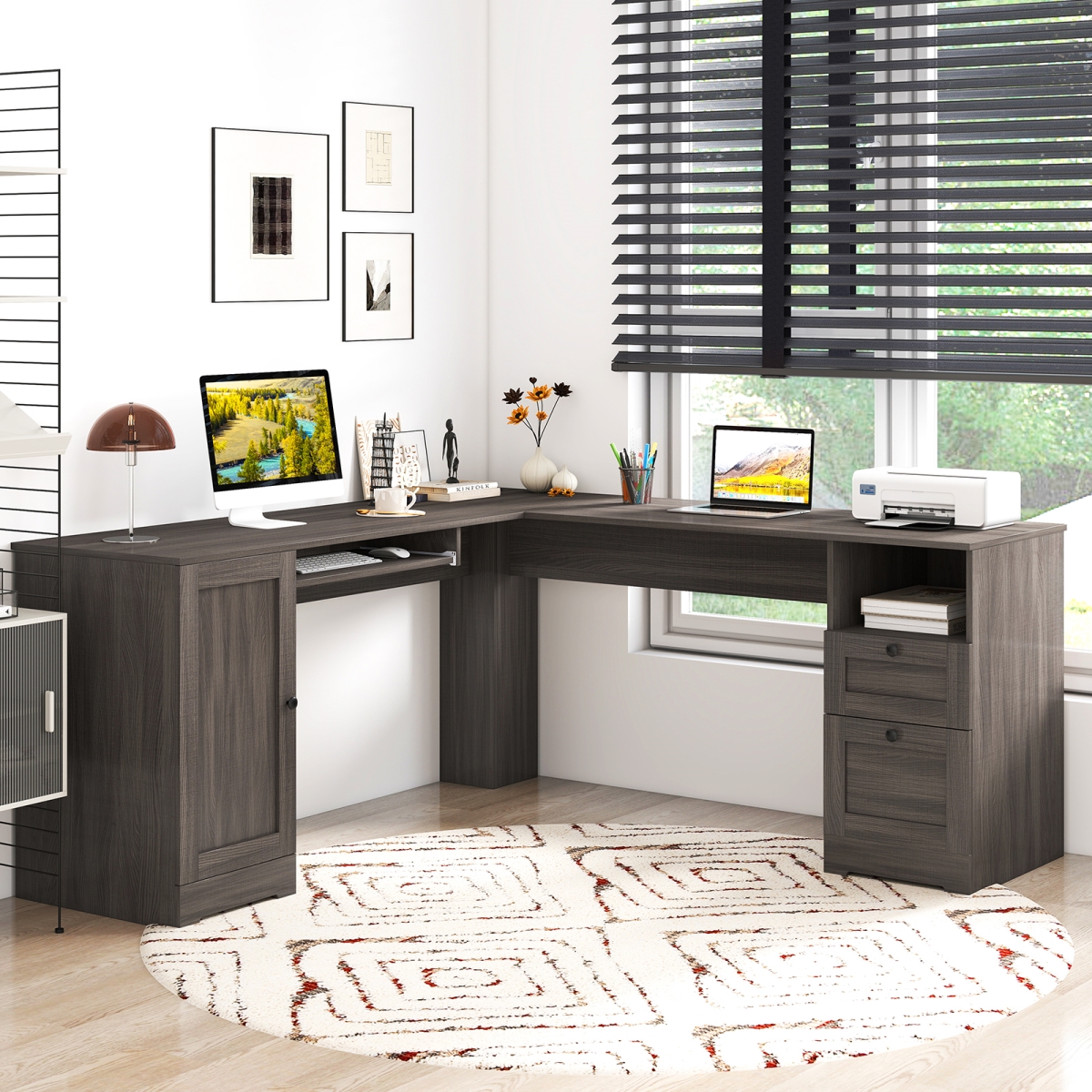 CB10714US-HS- 66 in. L-Shaped Computer Desk with Power Outlets, Dark Gray