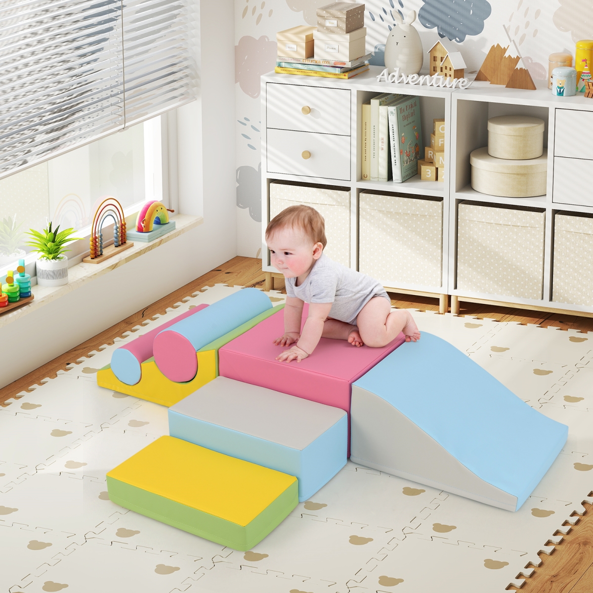 FH10148PI Foam Blocks for Toddlers Soft Climbing Toys Indoor Play for Babies, Pink - 7 Piece