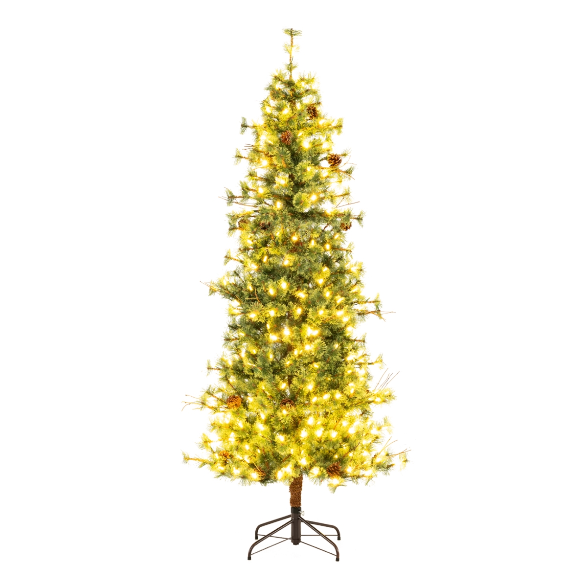 CM25277US-M 7 ft. Artificial Christmas Tree Pre-Lit Hinged Xmas Tree with Warm White LED Lights & Pine Cones, Green