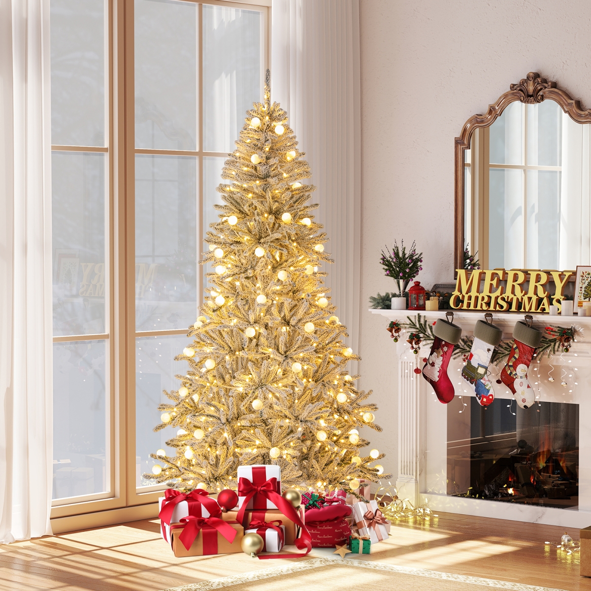 CM25270US-M 7 ft. Snow-Flocked Artificial Christmas Tree - Pre-Lit Hinged with 81 Sphere Lights & Remote, Green & White