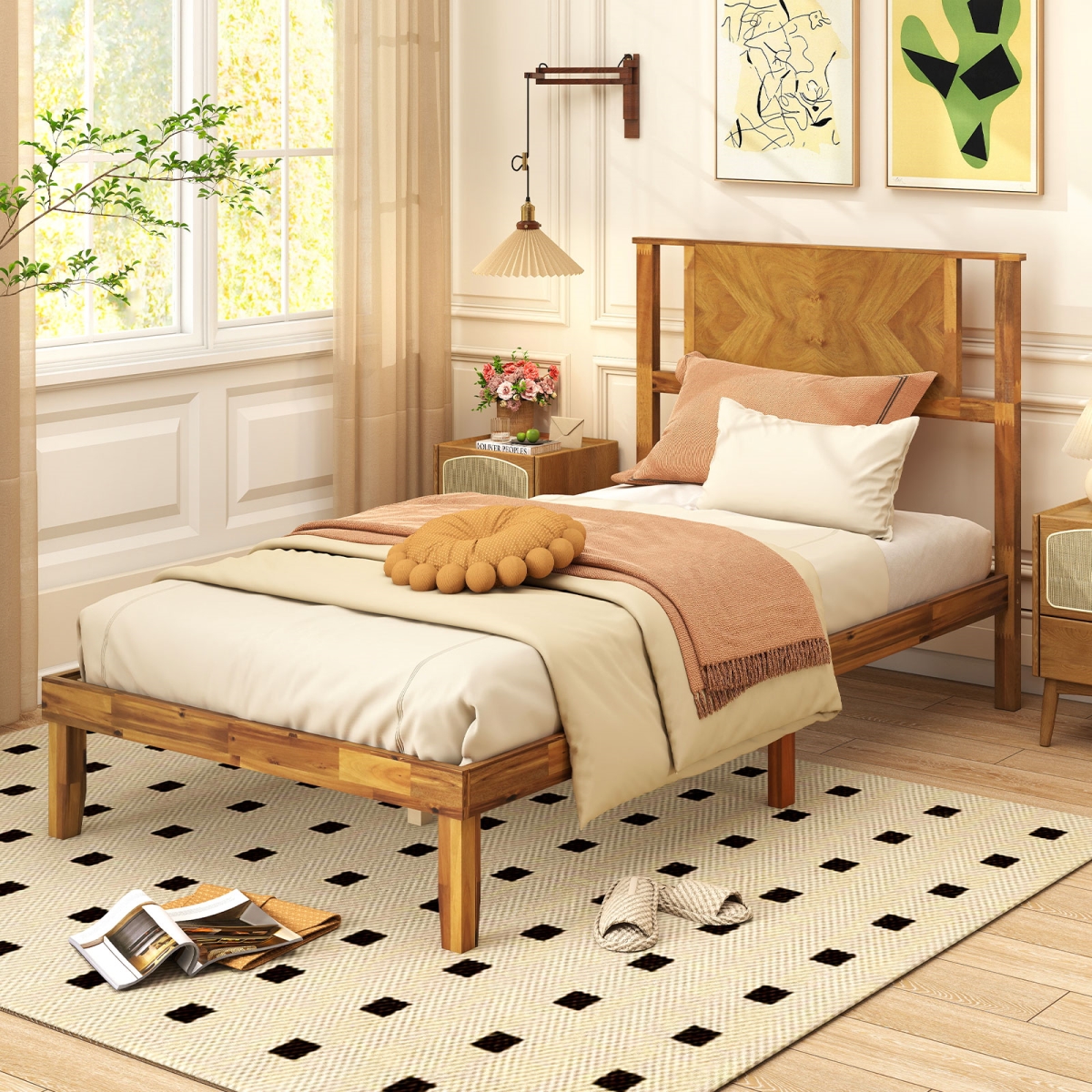 HU10981NA-T Bed Frame Mid-Century Acacia Wood Platform Bed with Headboard, Rustic Golden Brown - Twin Size