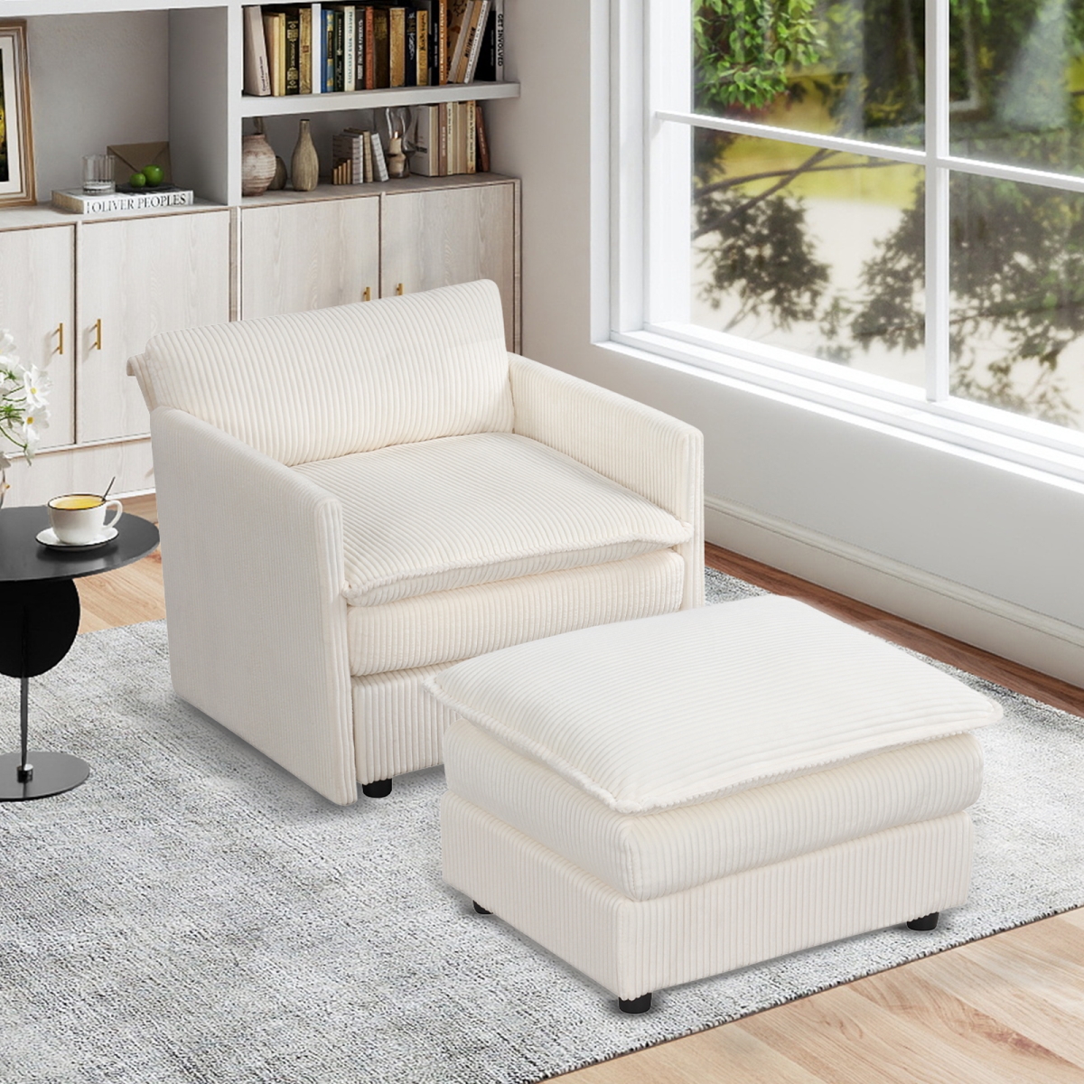 HV10904BE Oversized Accent Chair with Ottoman with Soft Corduroy Cushions, Beige