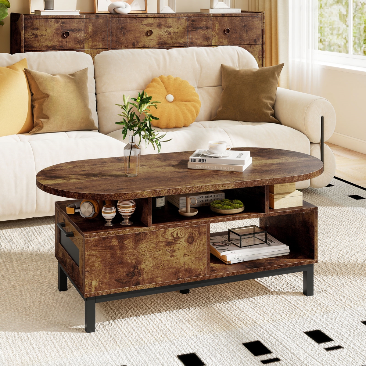 HV10856CF 47 in. Oval Coffee Table with Storage & Open Compartments for Living Room, Rustic Brown