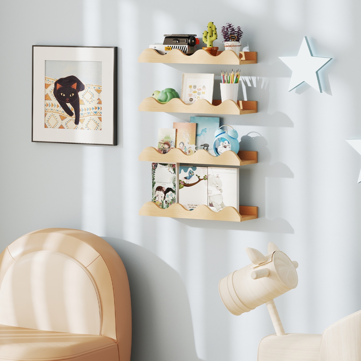 JV12266NA 16 in. Kids Bookshelf - Floating Nursery Book Shelves for Decoration Book Toy Storage, Natural - Set of 4