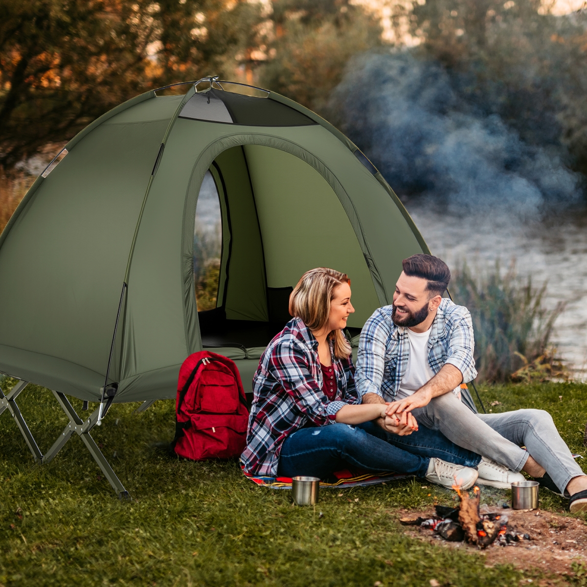 NP12573GN 2-Person Foldable Camping Cot Tent Combo - Off-Ground Shelter for Adults, Green