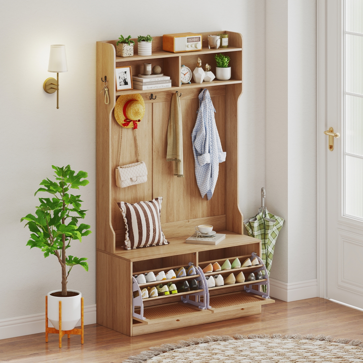 JV12031NA 4-in-1 Hall Tree with Coat Rack & Flip Drawers for Entryway Mudroom, Natural