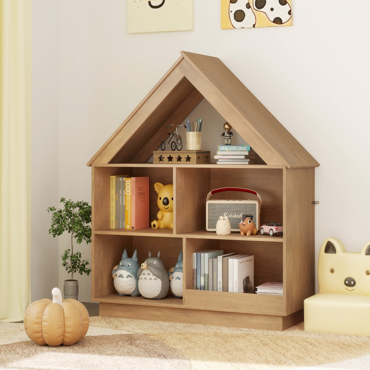 JZ10259NA 3-Tier House-Shaped Toy Storage Organizer with Open Shelves, Natural