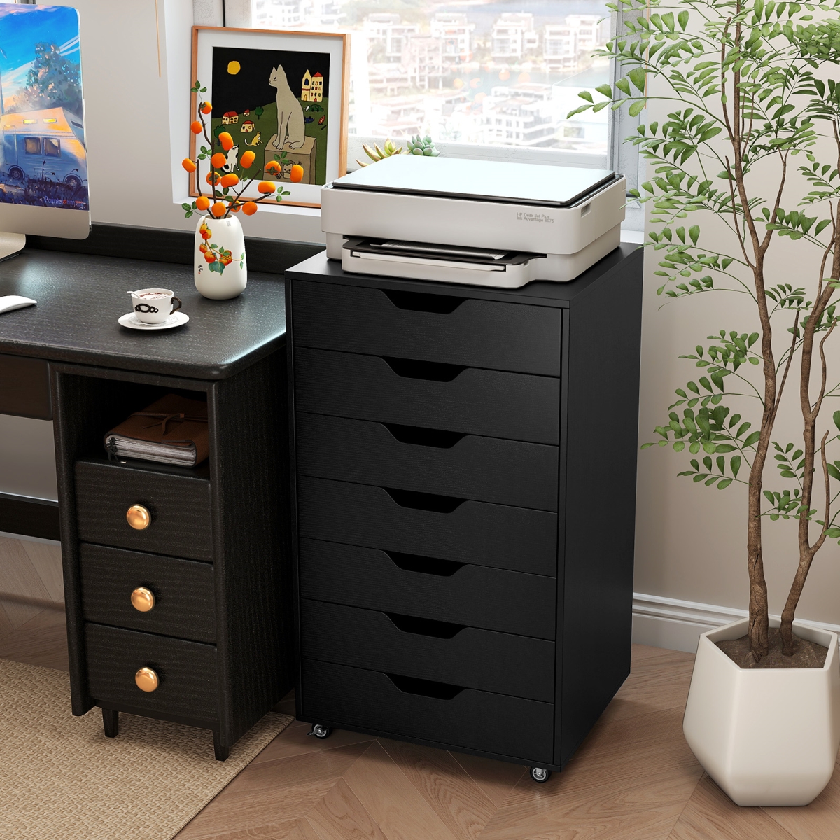 JV13196DK 7-Drawer Chest Wooden Storage Dresser with Lockable Wheels, Black