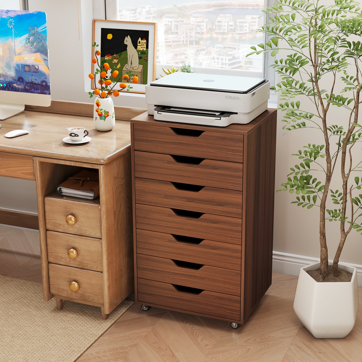 JV13196HT 7-Drawer Chest Wooden Storage Dresser with Lockable Wheels, Walnut