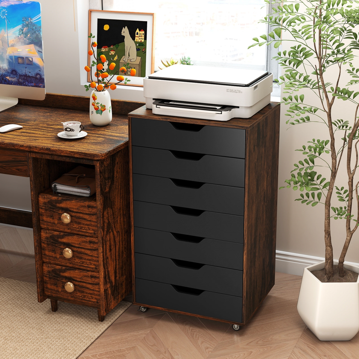JV13196CF 7-Drawer Chest Wooden Storage Dresser with Lockable Wheels, Rustic Brown