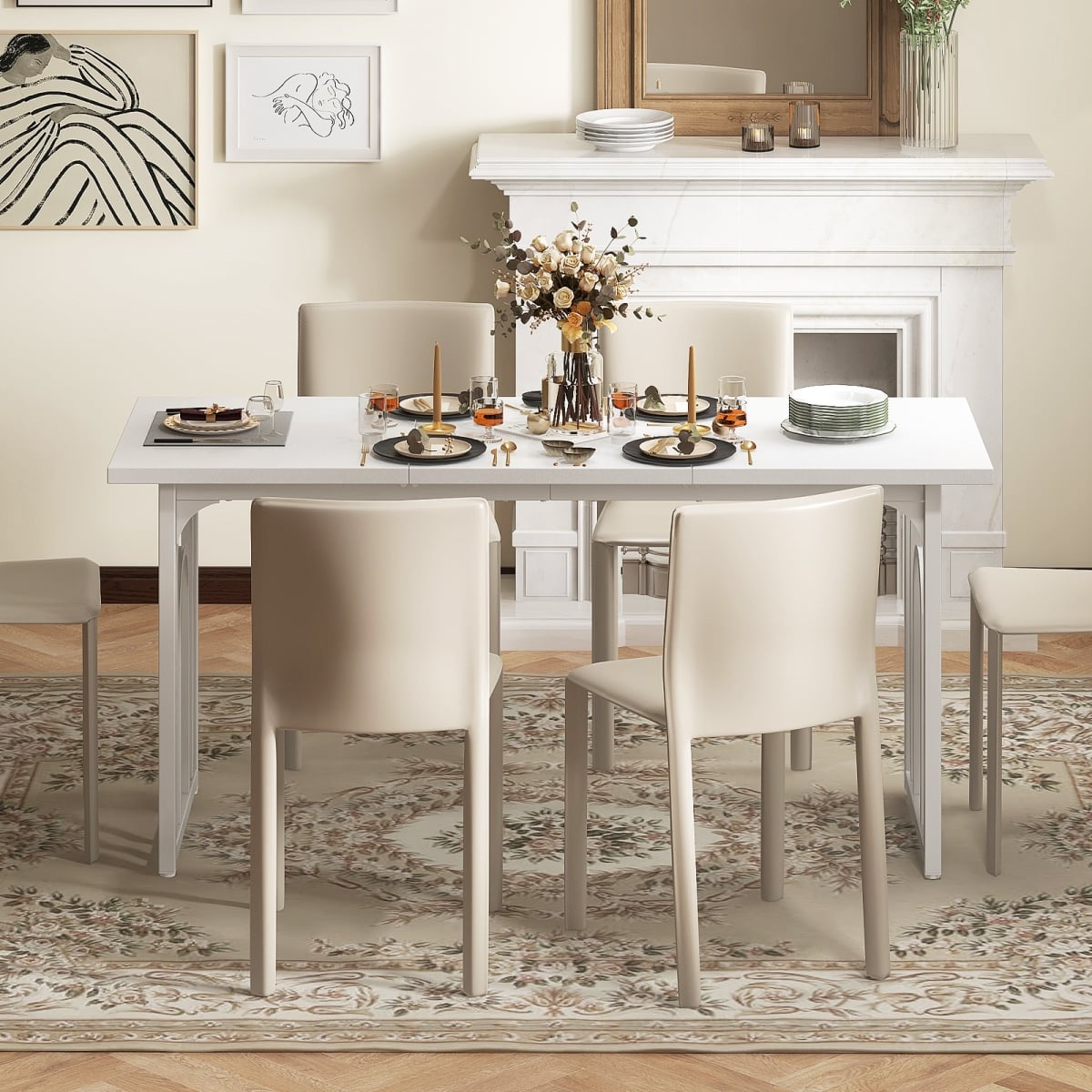 KC56957WH 63 in. Dining Table for 6-8 People Rectangular Farmhouse Kitchen Table, White