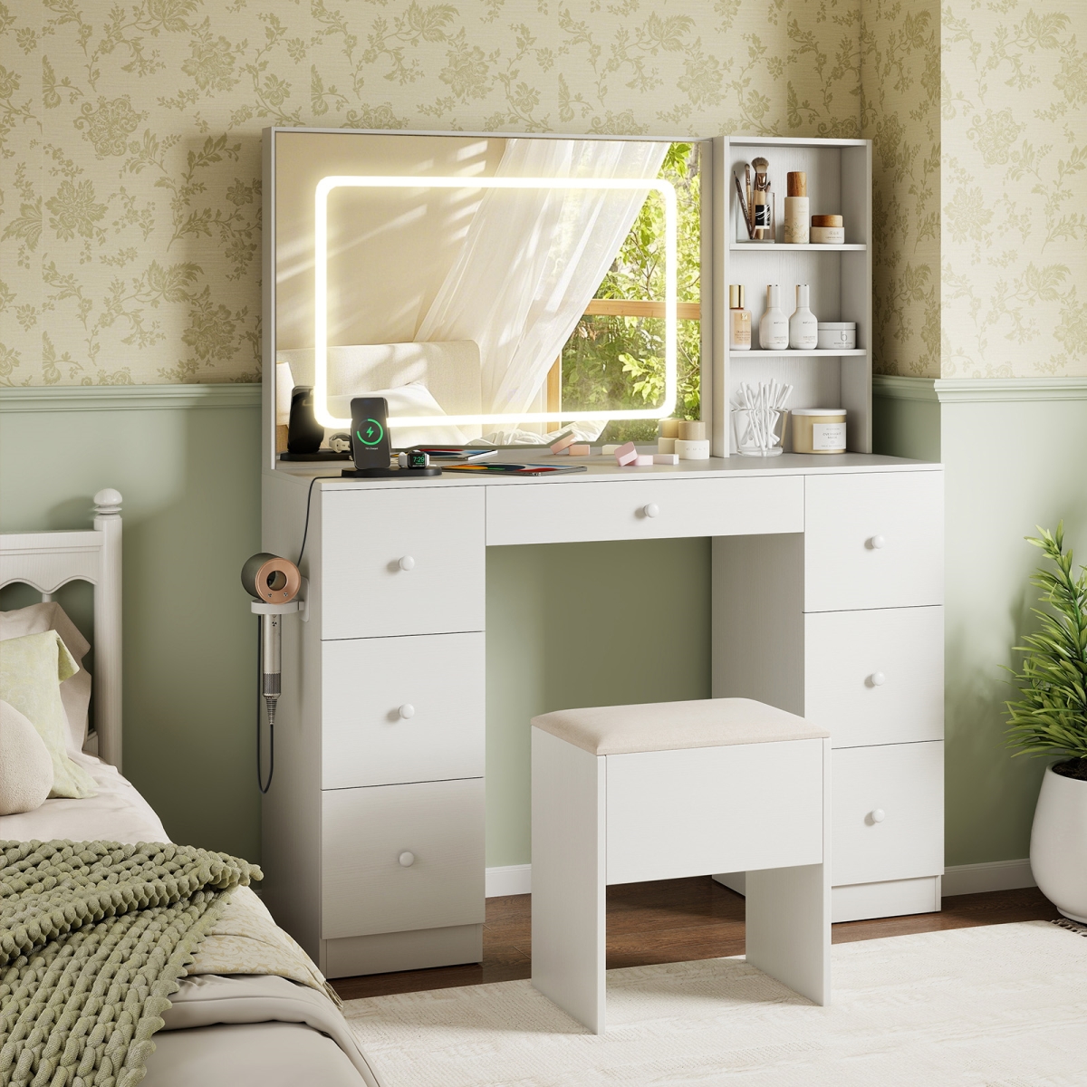 JV13119WH Vanity Desk with Mirror & Lights Makeup Dressing Table Vanity Table & Stool Set, White