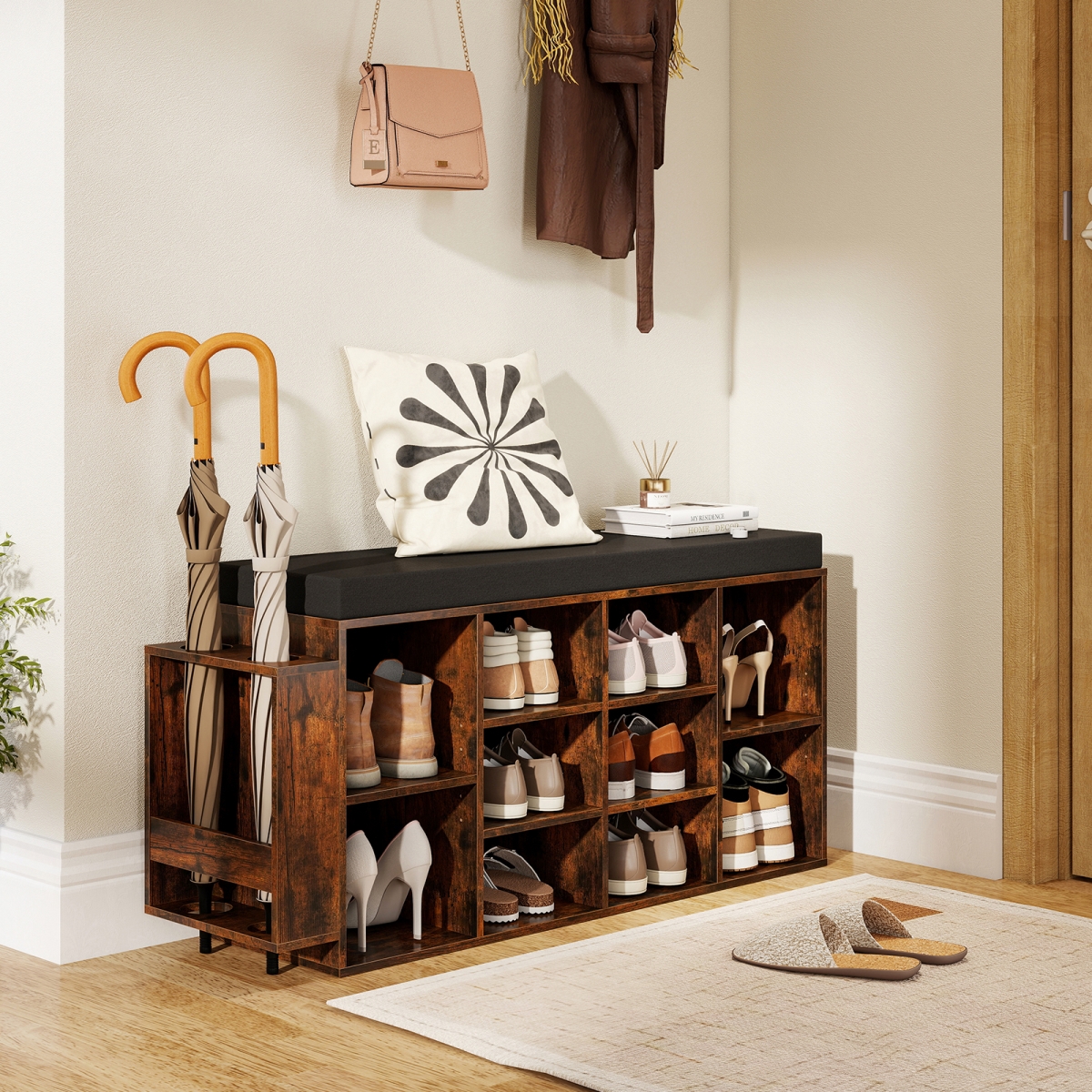 JV13165CF Shoe Storage Bench with Umbrella Stand 10-Cubby Entryway Shoe Rack Organizer, Rustic Brown