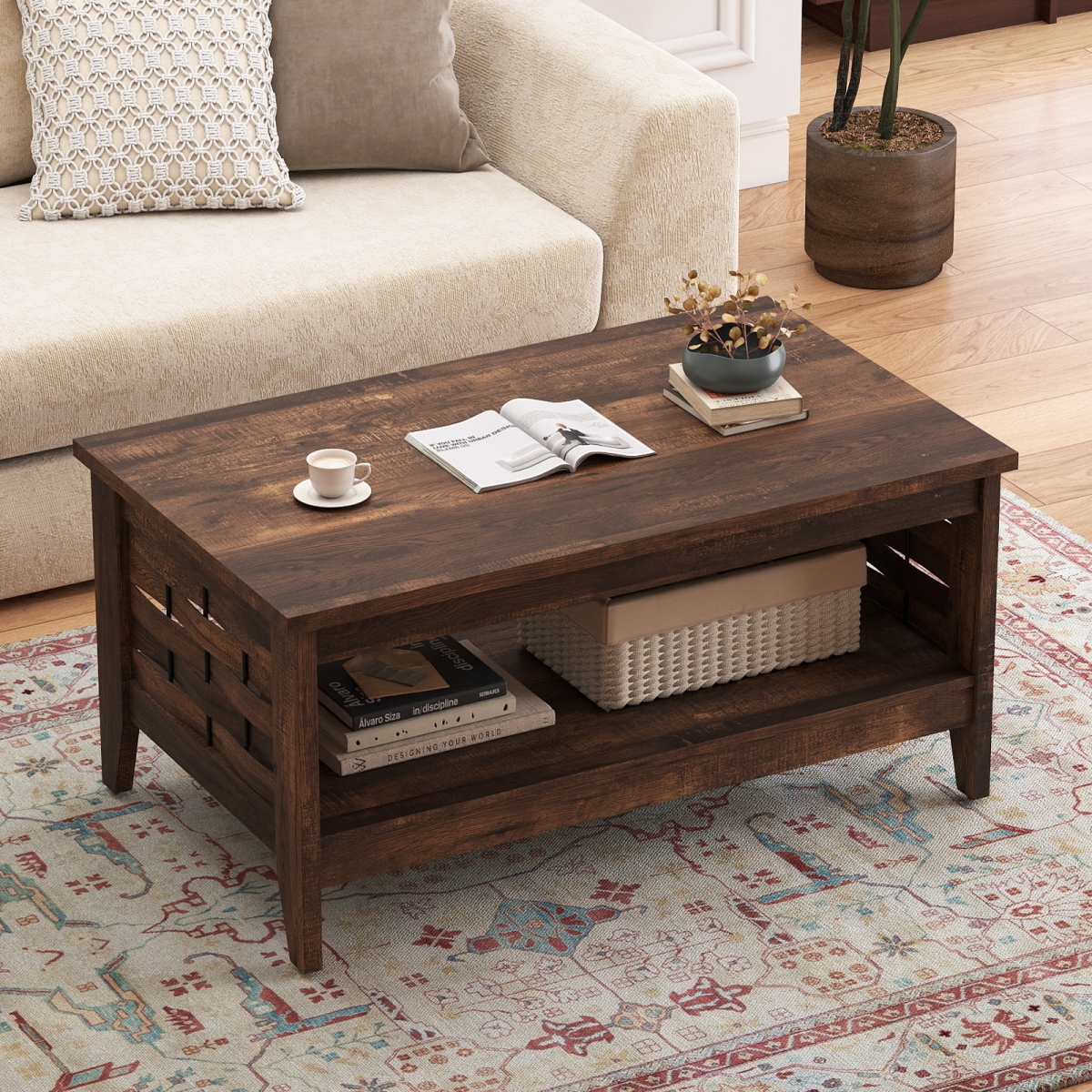 JV13626BN 2-Tier Farmhouse Coffee Table with Open Shelf & Woven Decorations for Living Room, Rustic Brown