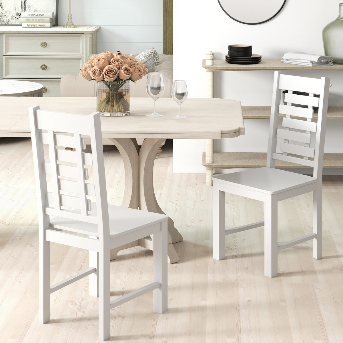 KC58811WH Wooden Dining Chair - Solid Rubber Wood Kitchen Chairs, White - Set of 2