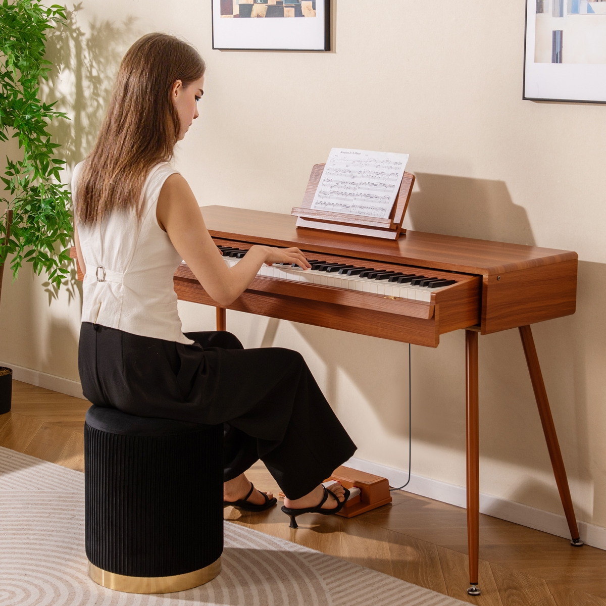 MU10127US-CF 88-Key Graded Hammer Action Weighted Keyboard with Push-Pull Drawer, Brown