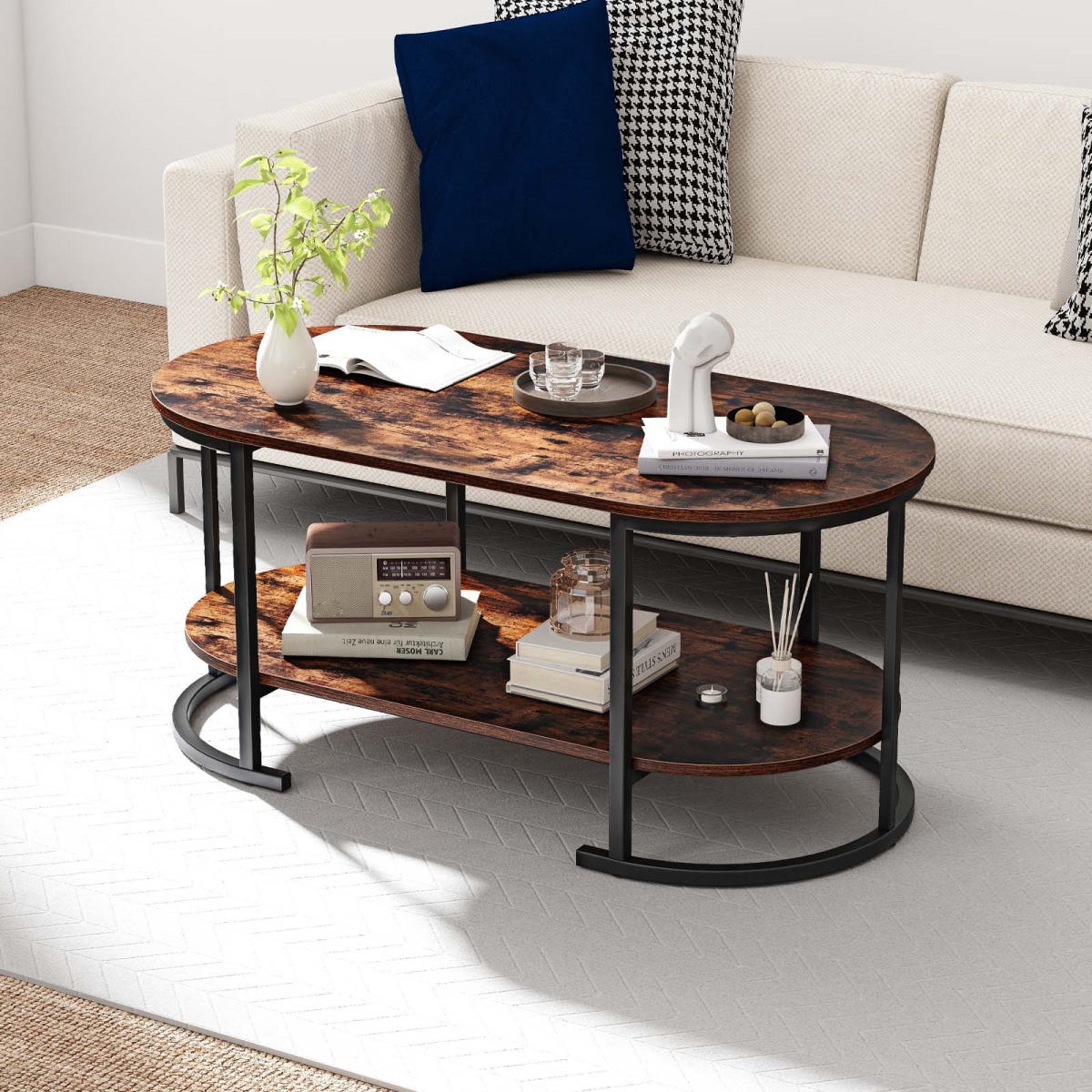 JV12839CF Oval Coffee Table - 2-Tier Wooden Accent Table with Spacious Tabletop & Open Storage Shelf, Rustic Brown