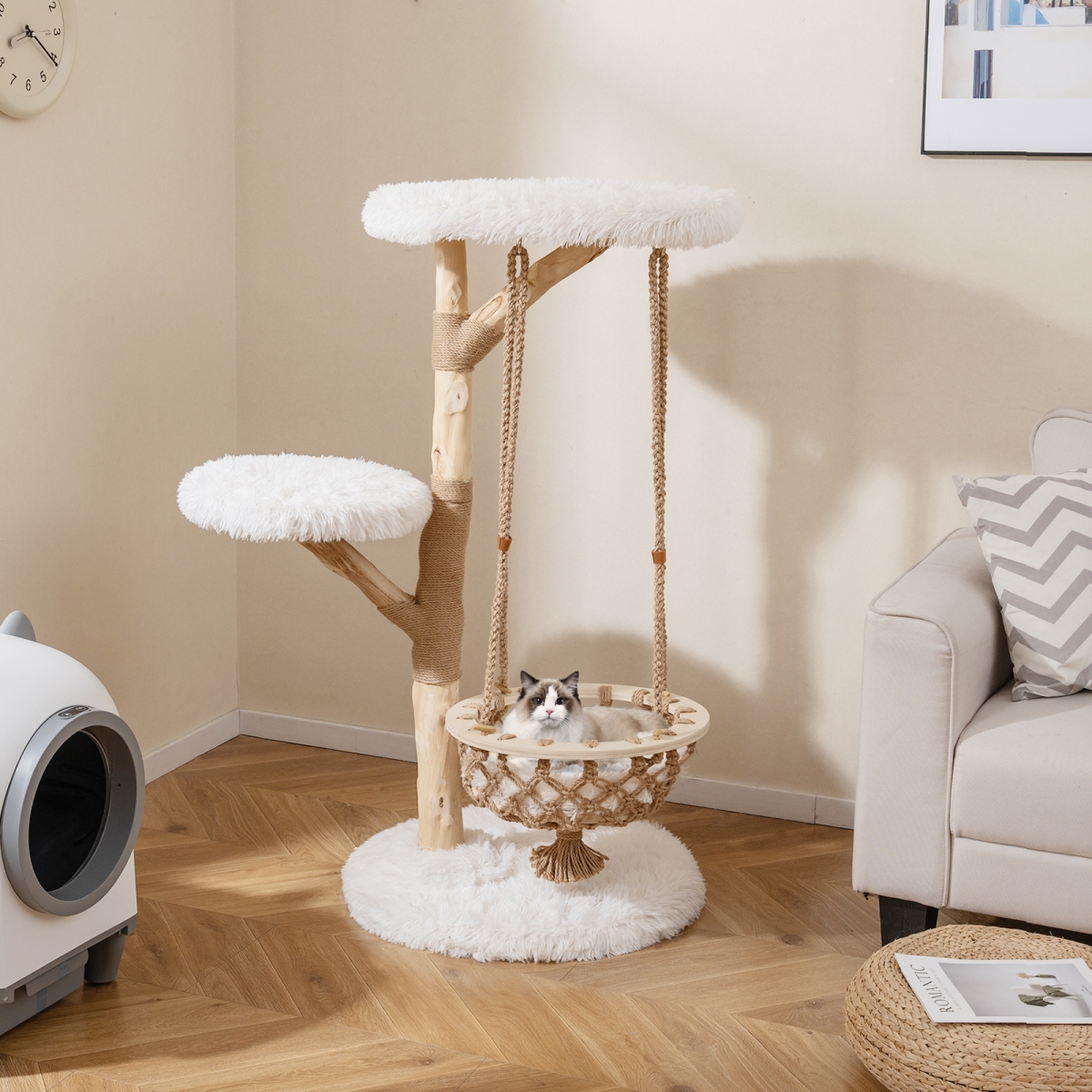 PV10369WH 48.5 in. Solid Wood Cat Tree with Hanging Cradle & Jute Scratching Post, White