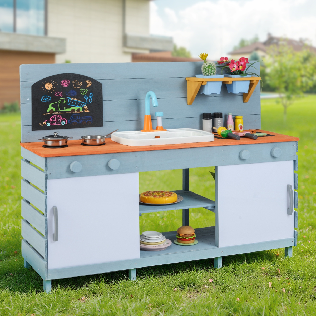 TP10407BL Kids Play Kitchen Set with Stoves for Boys Girls Aged 3-8, Blue