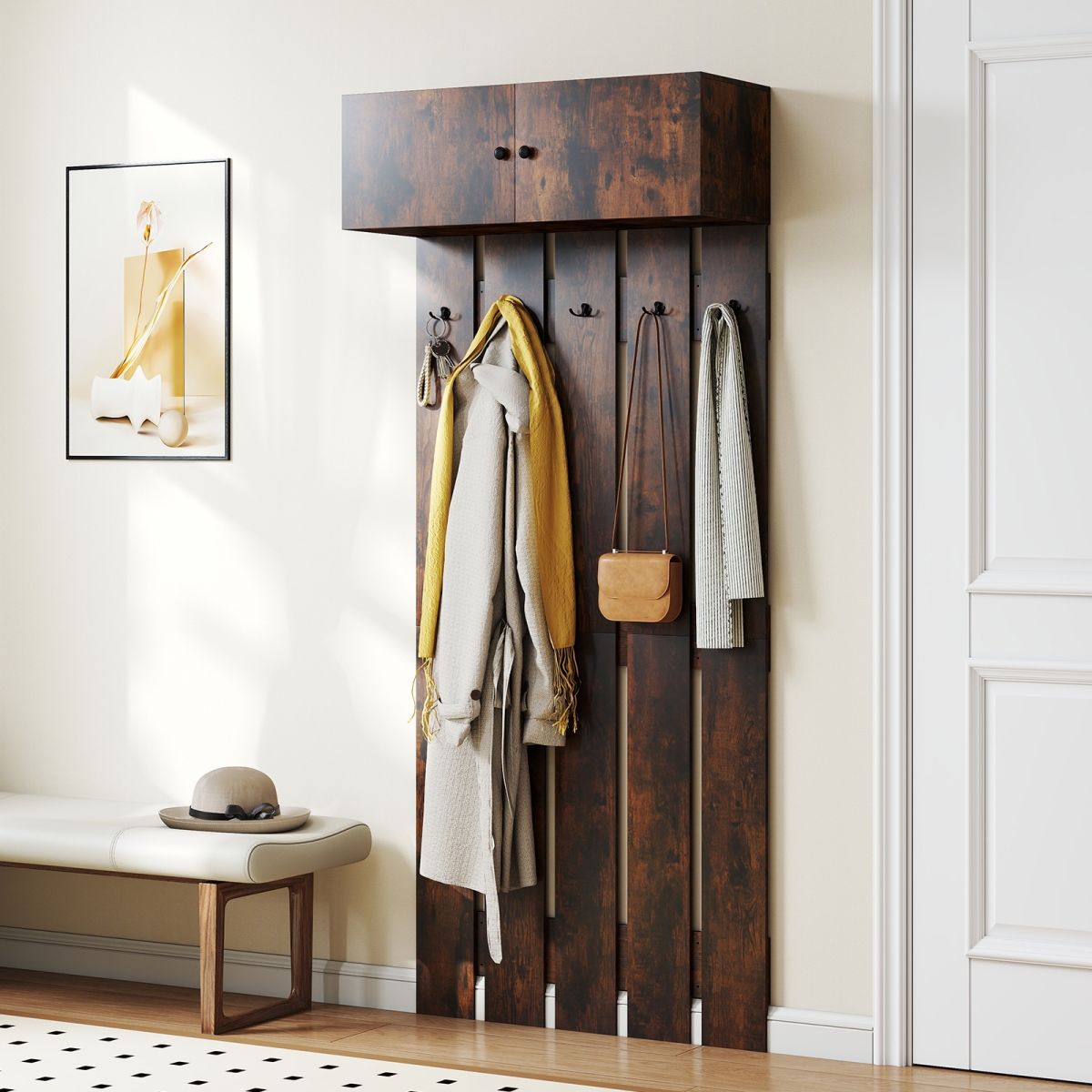 HU11039CF Entryway Wall-Mounted Coat Rack with Hooks, Rustic Brown