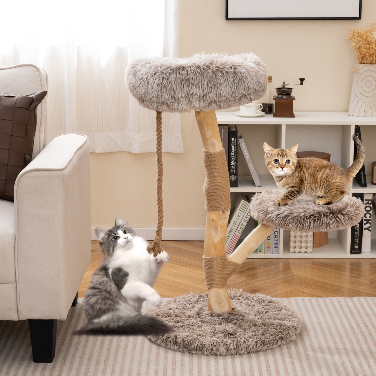 PV10274BN Modern Wooden Cat Tree Tower with Perch & Natural Jute Scratching Posts, Brown