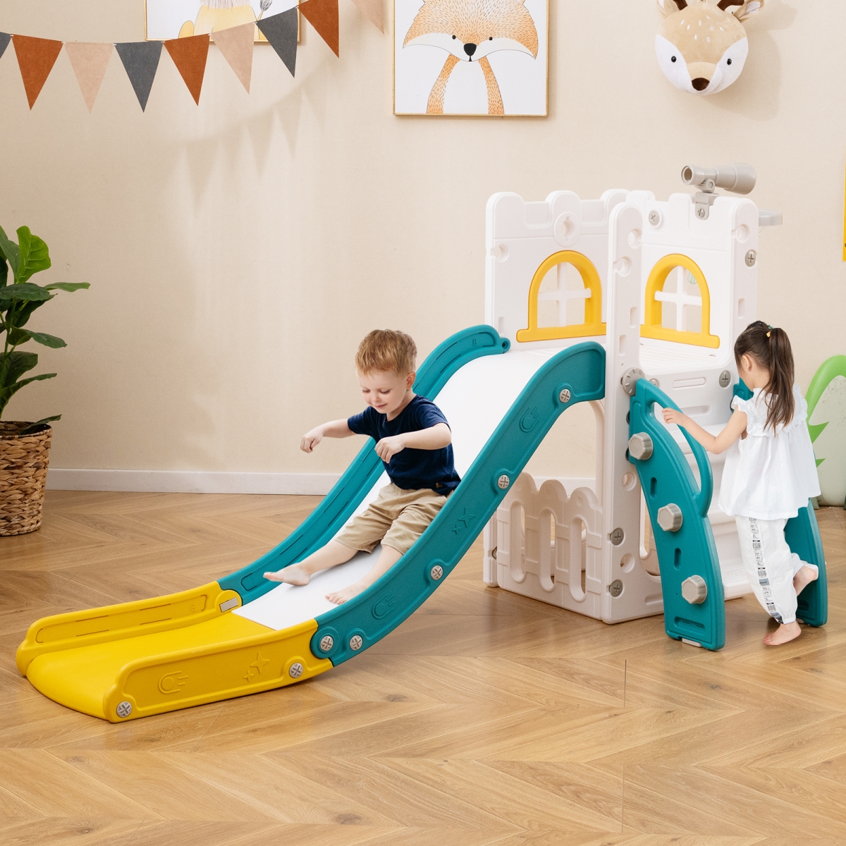UY10151YW 6-in-1 Toddler Slide L-Shaped Playground with Basketball Hoop & Ladder, Yellow