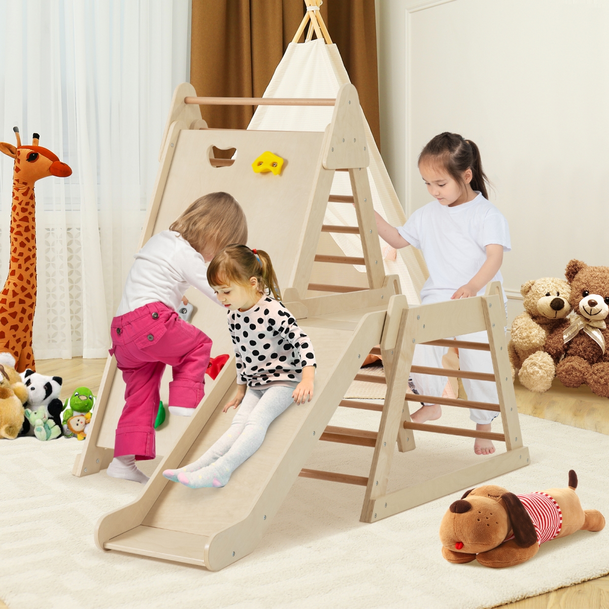 TS10278NA 3-In 1 Jungle Gym Indoor Playground with Extended Slide for Toddlers, Natural