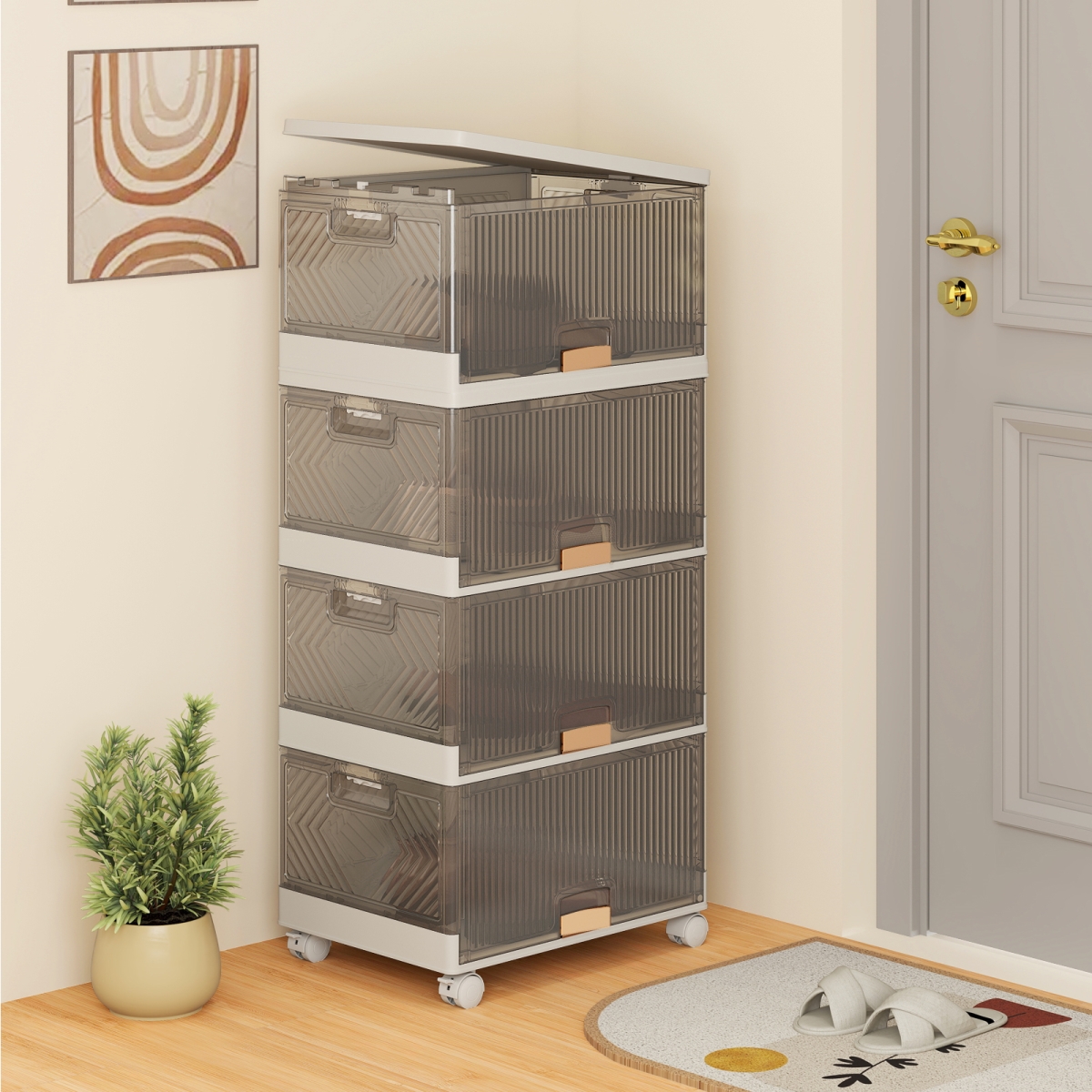 JV12361WH Stackable Storage Bins with Detachable Wheels - 4 Cube, White & Brown