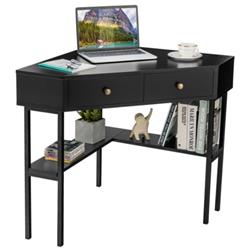 HW67561BK Space Saving Corner Computer Desk with 2 Large Drawer & Storage Shelf, Black