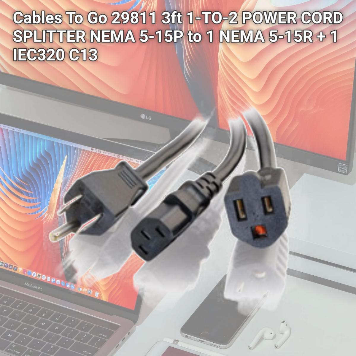 Picture of Cables To Go 29811 3ft 1-TO-2 POWER CORD SPLITTER NEMA 5-15P to 1 NEMA 5-15R + 1 IEC320 C13
