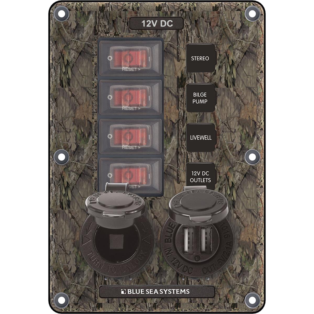 S 4324 Circuit Breaker Switch Panel 4 Postion With 12v Socket & Dual Usb, Camo