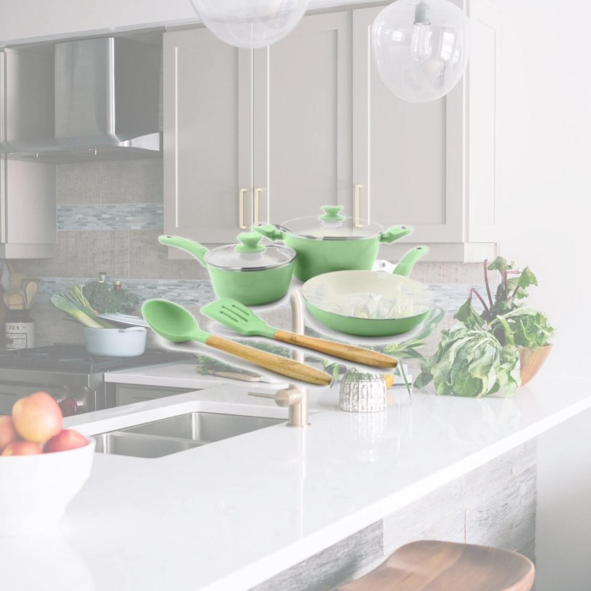Picture of Gibson 123879.07 Plaze Cafe Non-Stick Aluminium Cookware Set, Mint Green - 7 Piece